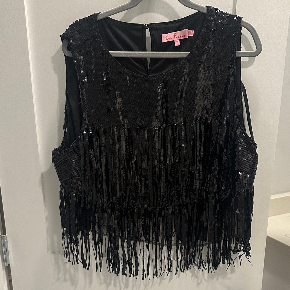 Eva Franco Black Sequin Fringe Tank Crop Blouse Anthropologie 1X LIKE NEW